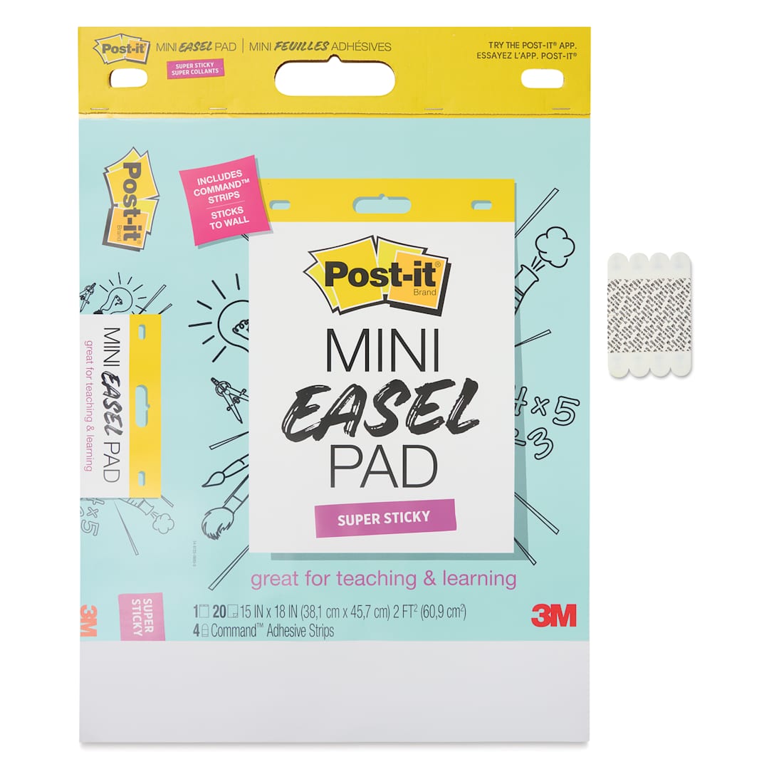 Open in modal - Post-it Super Sticky Mini Easel Pad - 15" x 18", included Command Strips next to packaging