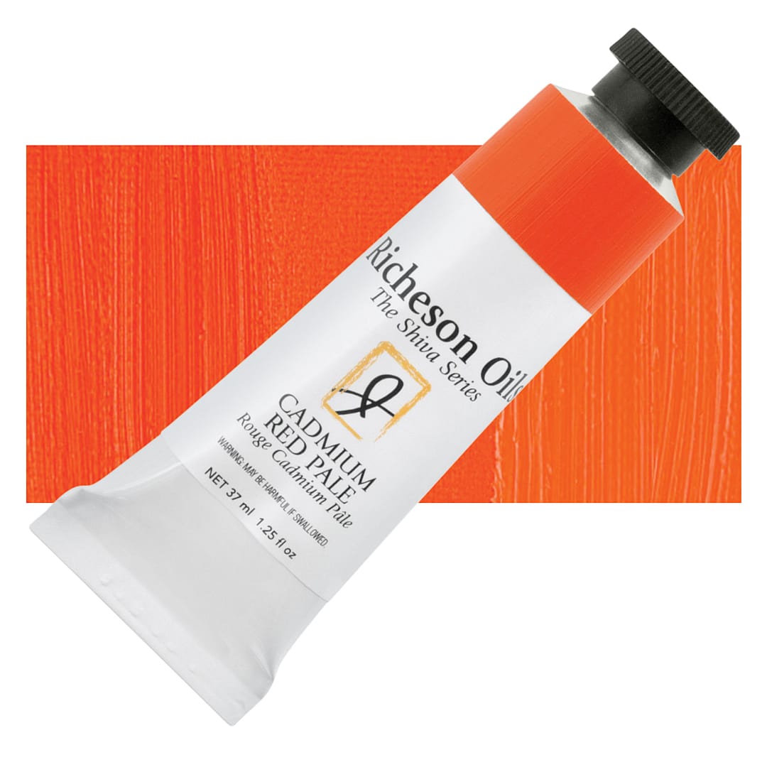 Open in modal - Shiva Signature Artist Oil Color - Cadmium Red Pale, 1.25 oz Tube and swatch