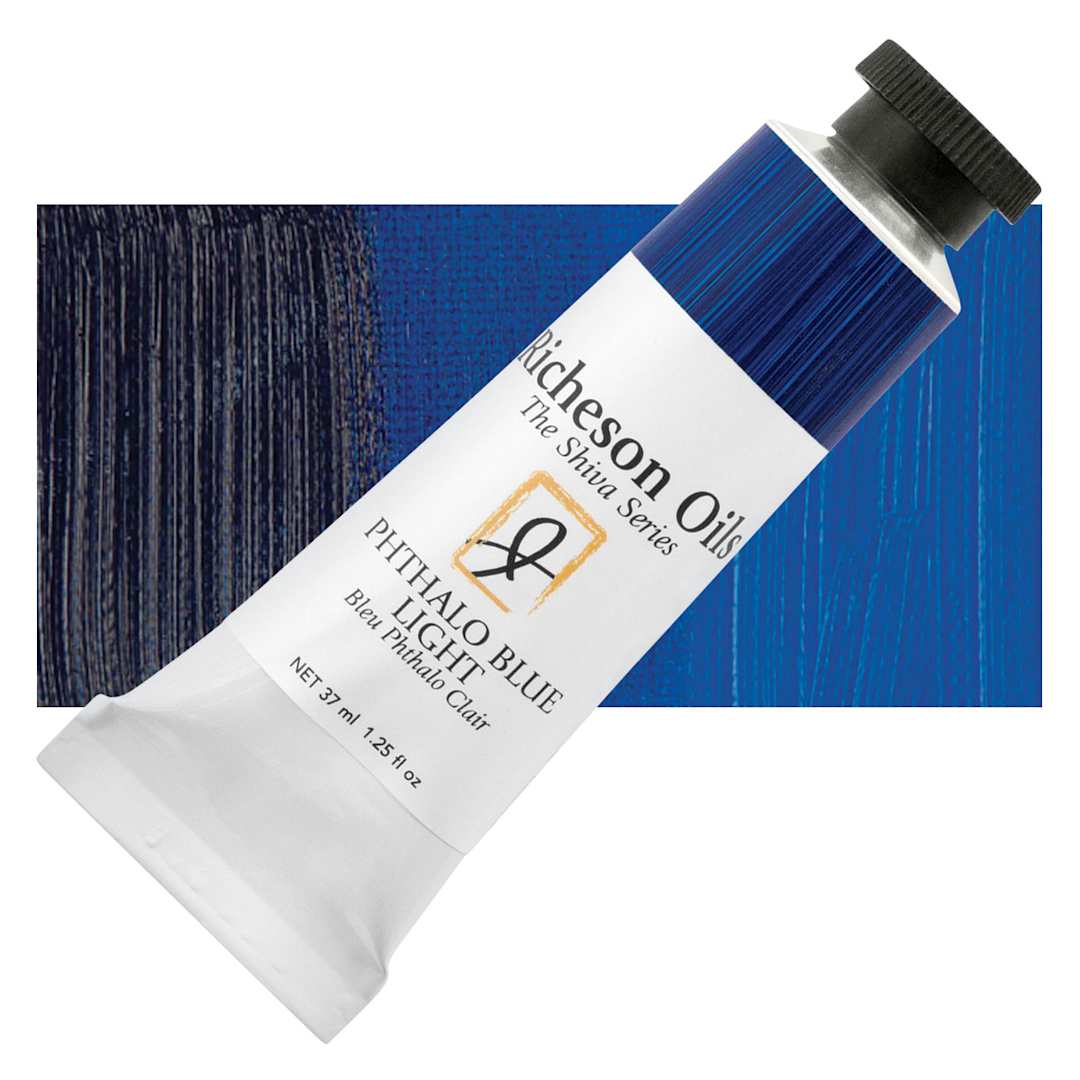 Open in modal - Shiva Signature Artist Oil Color - Shiva Blue Light Phthalo, 37 ml Tube and swatch