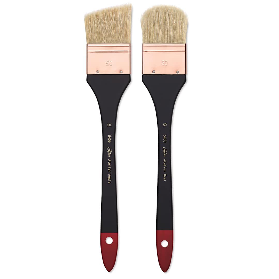 Open in modal - Silver Brush Atelier Hog Bristle Mottler Brushes - Angled and Soft Edge Brush shown upright

