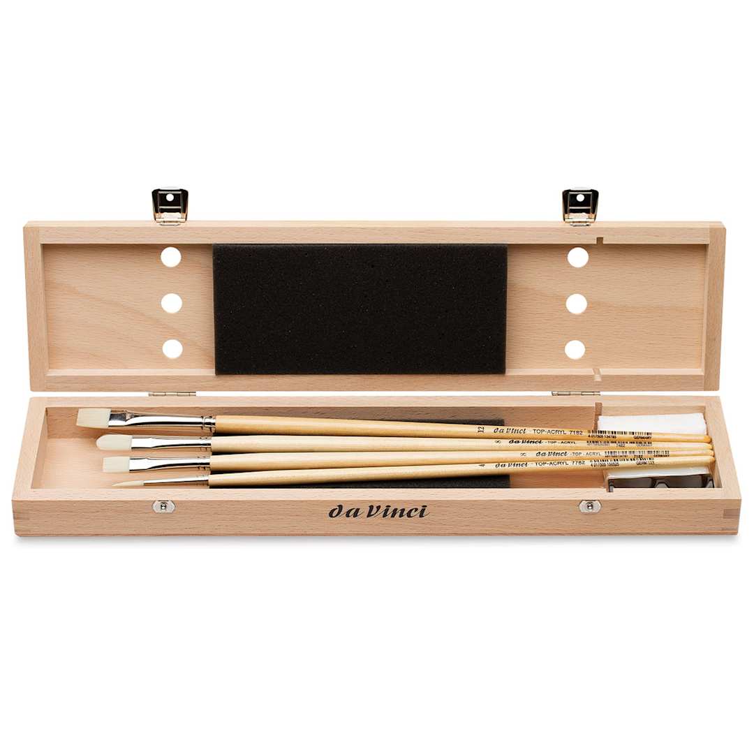 Open in modal - __BLICK Exclusive!__ Da Vinci Acrylic Brushes Wood Box Set shown open with contents shown