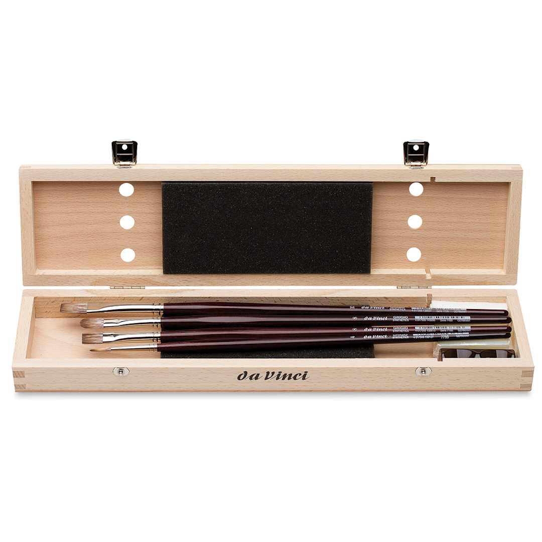 Open in modal - Da Vinci Grigio Synthetic Brushes -4 Pc BLICK Exclusive Wood Box Set shown open