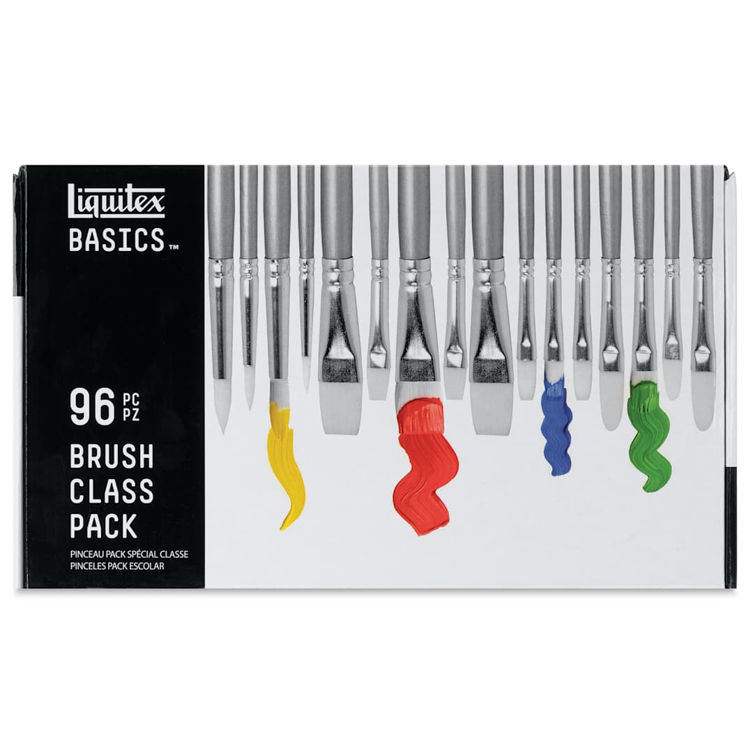 Open in modal - Liquitex Basics Synthetic Brushes - Class Pack of 96. Two trays of brushes with package shown