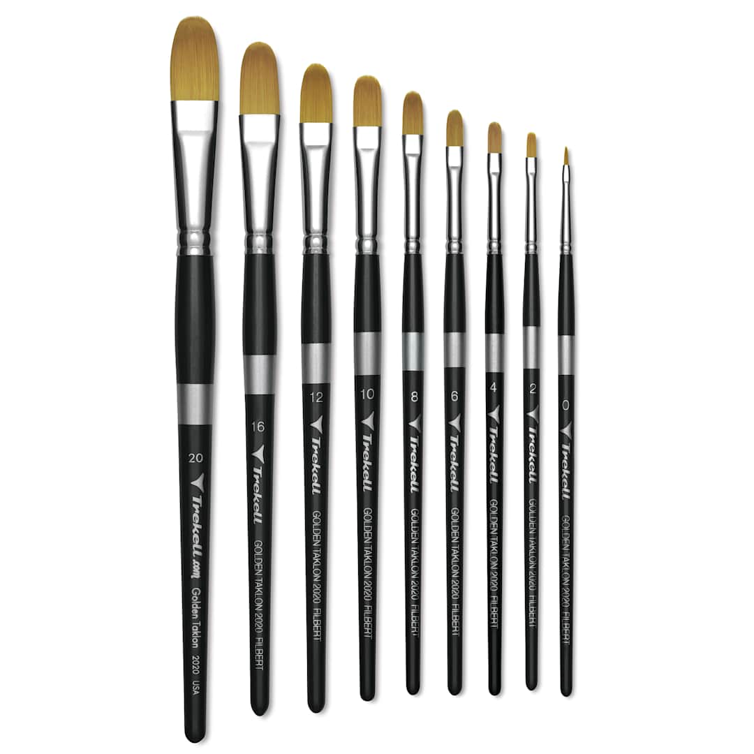 Open in modal - Trekell Synthetic Golden Taklon Brushes - Short Handle, Filbert brushes laid out