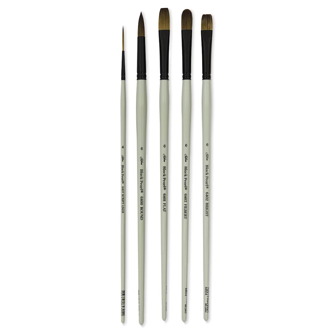 Open in modal - Silver Brush Black Pearl Synthetic Brushes - Series BP-6406, Basic Variety, Set of 5, laid out