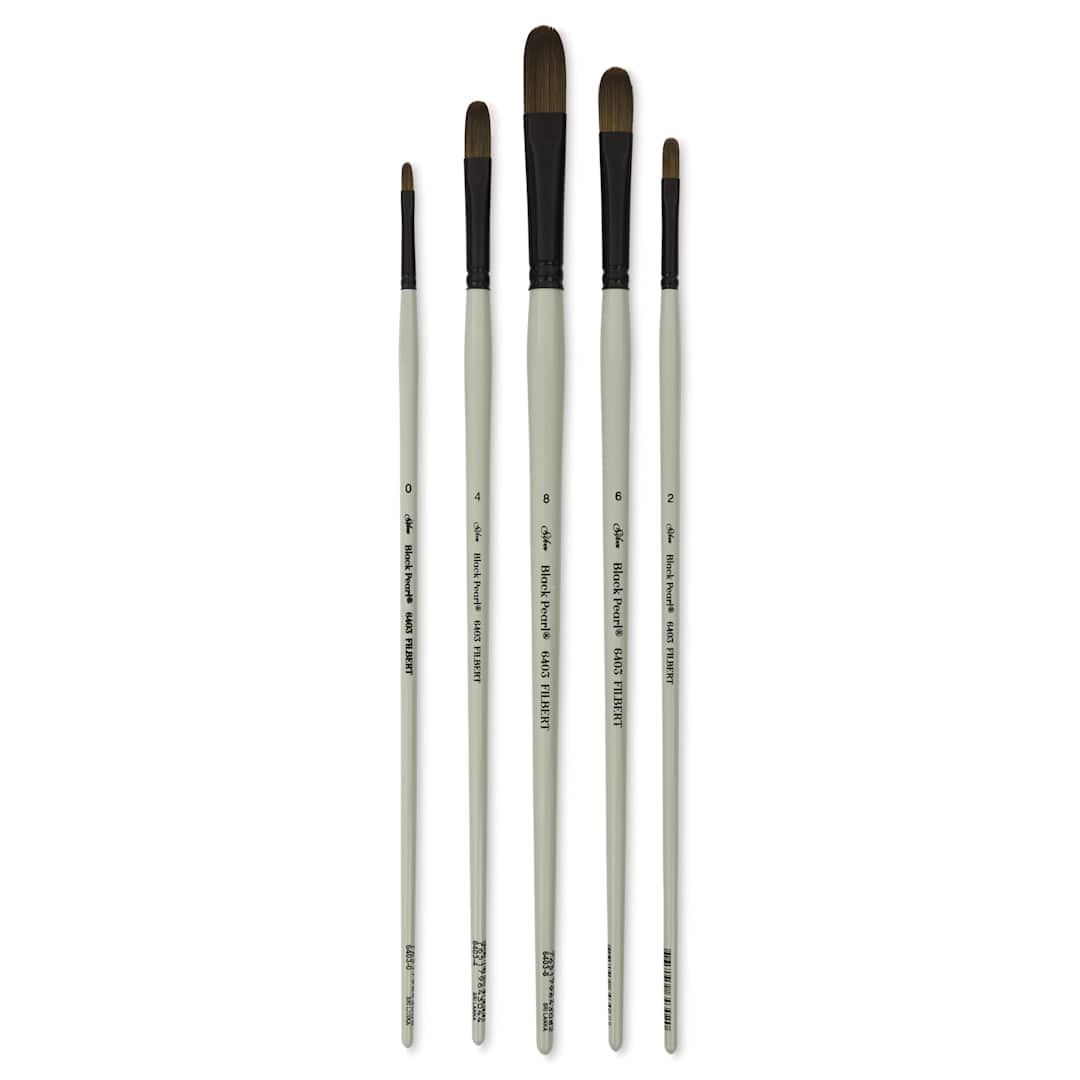 Open in modal - Silver Brush Black Pearl Synthetic Brushes - Stroke, Portrait and Figure Painting, Set of 5, laid out