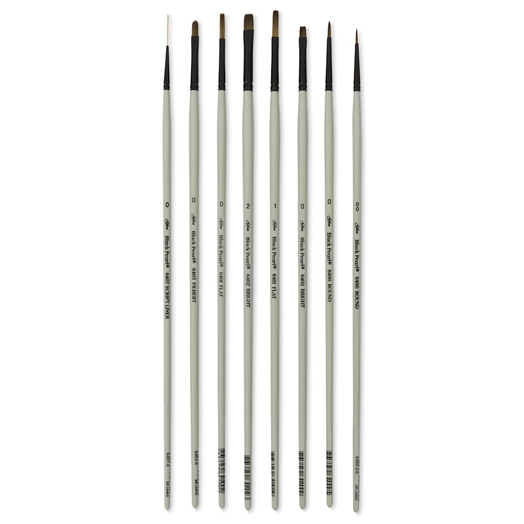 Open in modal - Silver Brush Black Pearl Synthetic Brushes - Variety Detail Painting, Set of 8, laid out