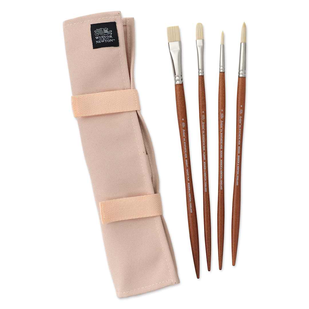 Open in modal - Winsor & Newton Artists' Oil Synthetic Hog Brushes - Set of 4, Canvas Wallet Case and brushes laid out