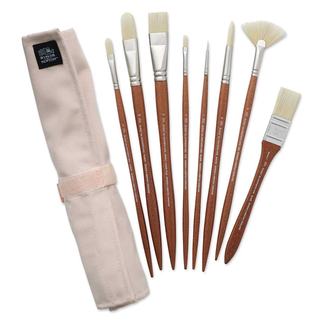 Open in modal - Winsor & Newton Artists' Oil Synthetic Hog Brushes - Set of 8, Canvas Roll Up and brushes laid out