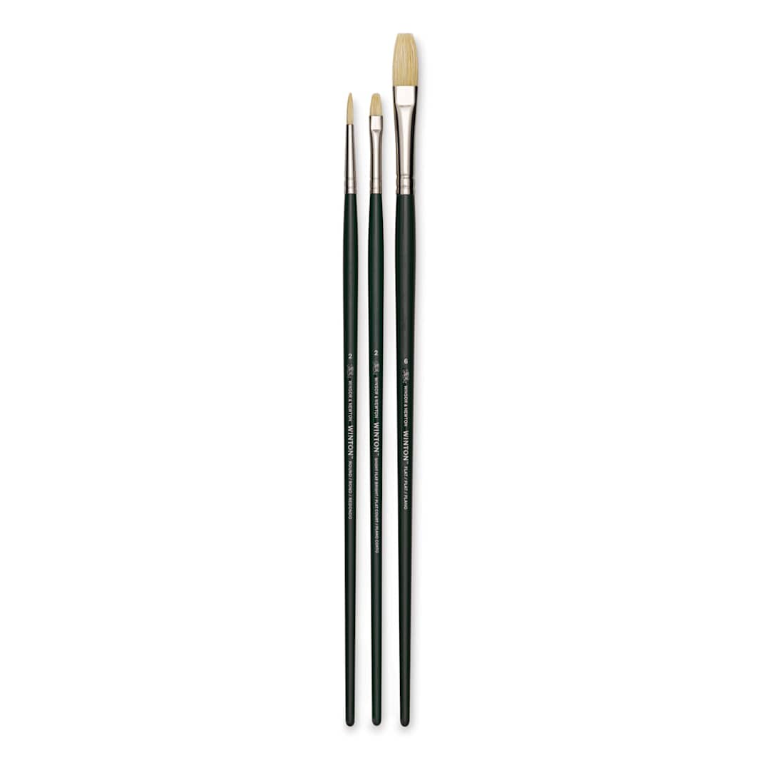 Open in modal - Winsor & Newton Winton Hog Bristle Brushes - Assorted, Pkg of 3, brushes shown upright
