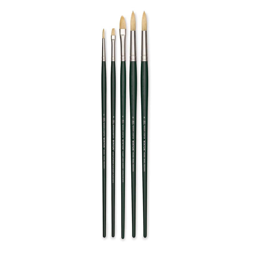Open in modal - Winsor & Newton Winton Hog Bristle Brushes - Assorted, Pkg of 5