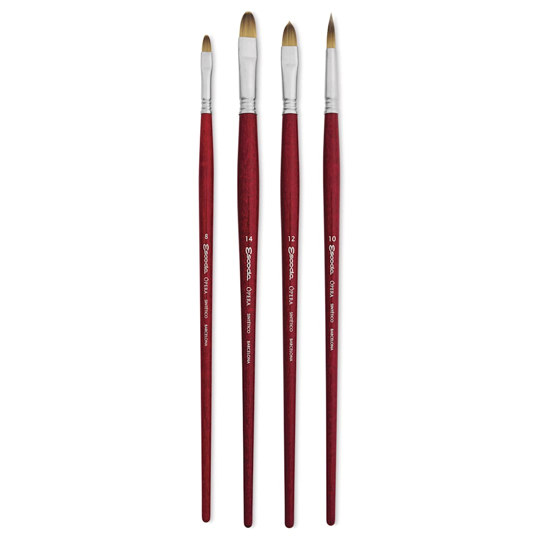 Open in modal - Escoda Opera Takatsu Synthetic Brushes - Assorted, Set of 4. Long Handle, laid out