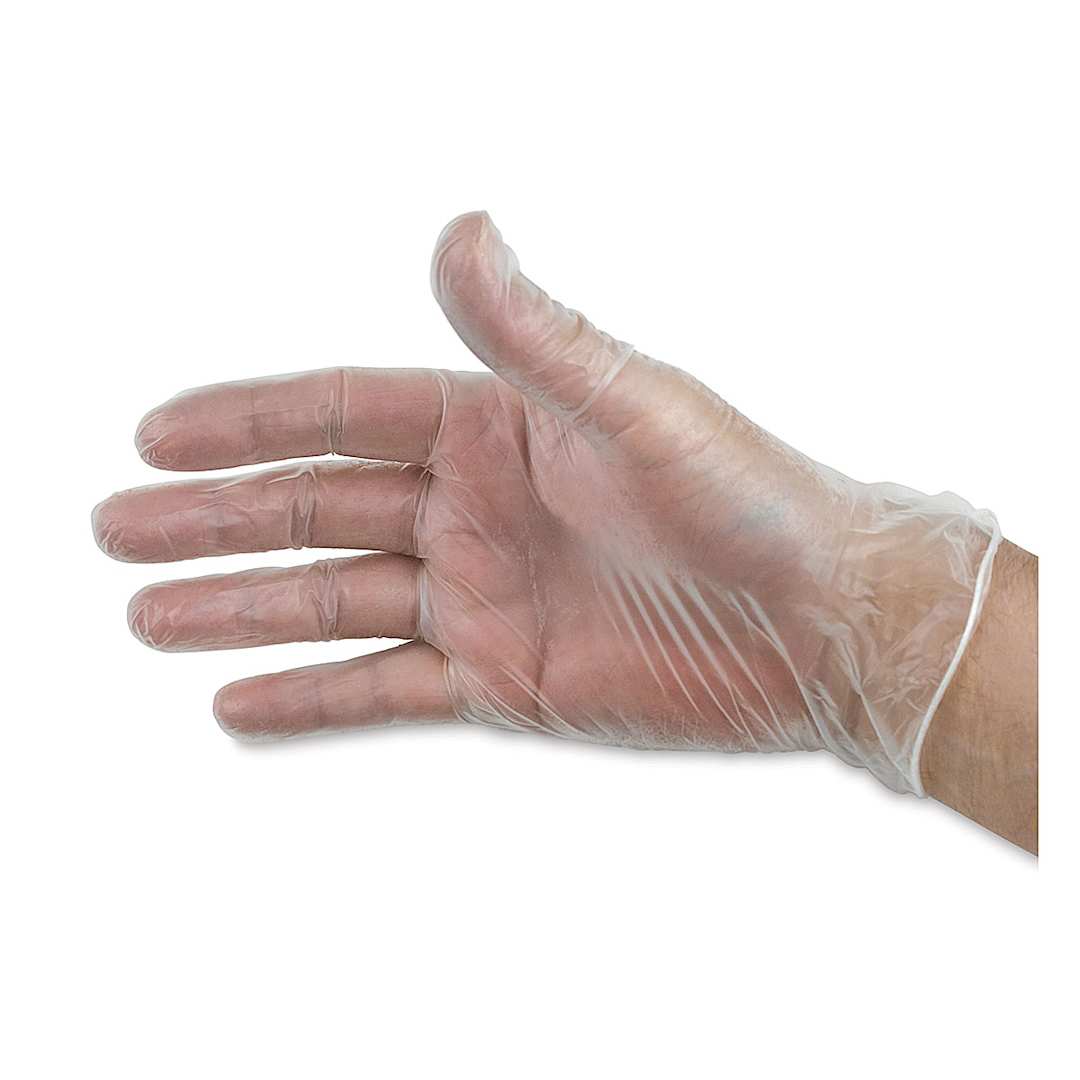 Open in modal - Grafix Edge Vinyl Gloves - Clear glove on extended right hand