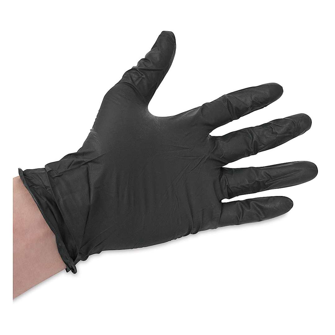 Open in modal - Grafix Edge Vinyl Gloves - Black glove on extended left hand