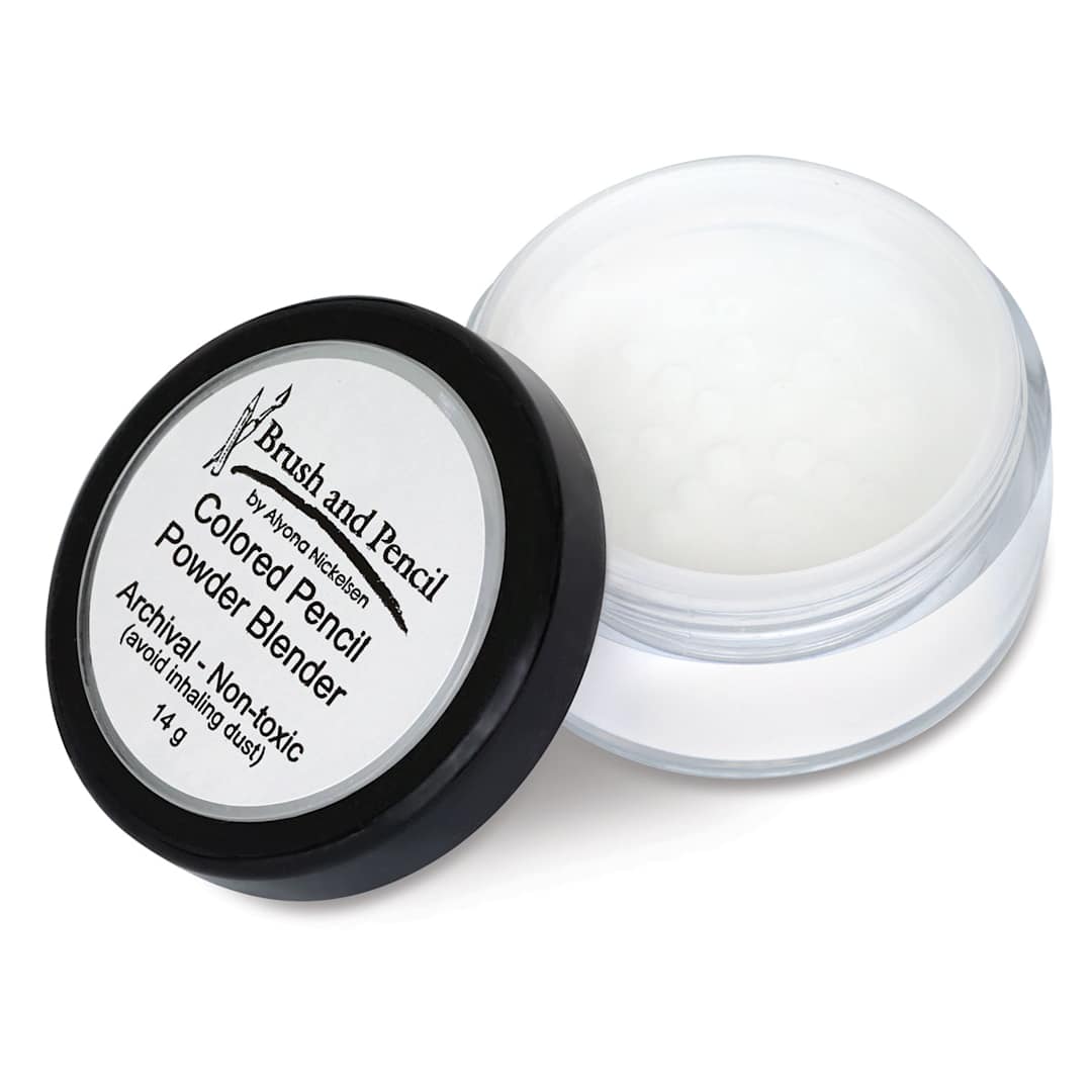 Open in modal - Brush and Pencil Colored Pencil Powder Blender - open 14 g Jar of Blender with lid adjacent