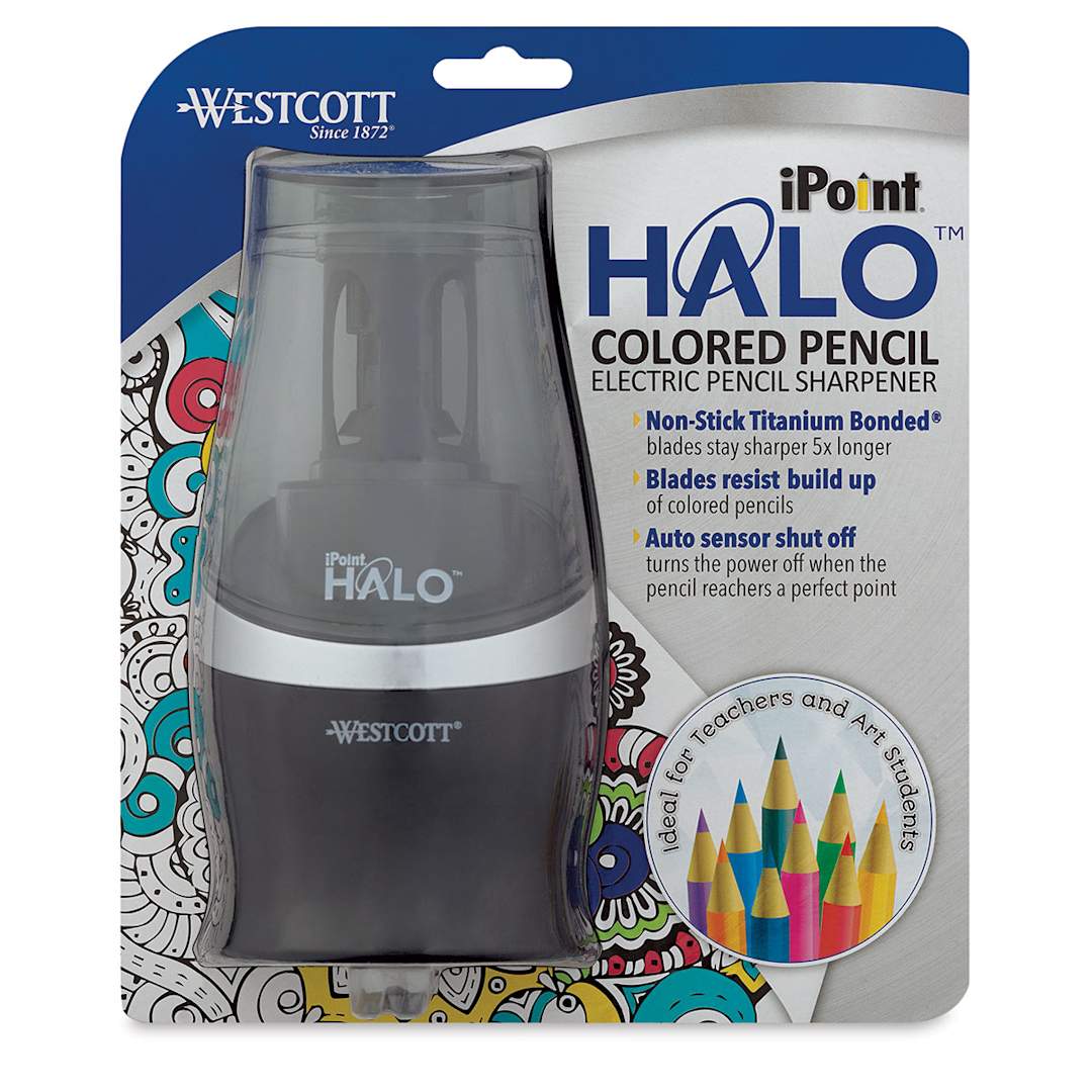 Open in modal - Westcott iPoint Halo Electric Colored Pencil Sharpener - Front view of package showing Sharpener