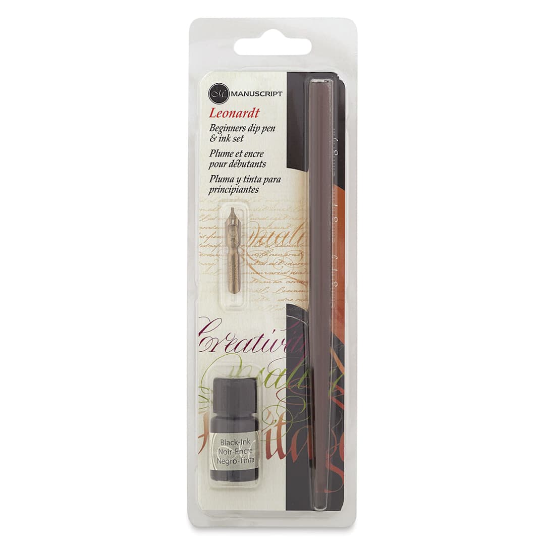 Open in modal - Manuscript Leonardt Beginners Dip Pen Sets - Front of blister package of Dip Pen and Black Ink