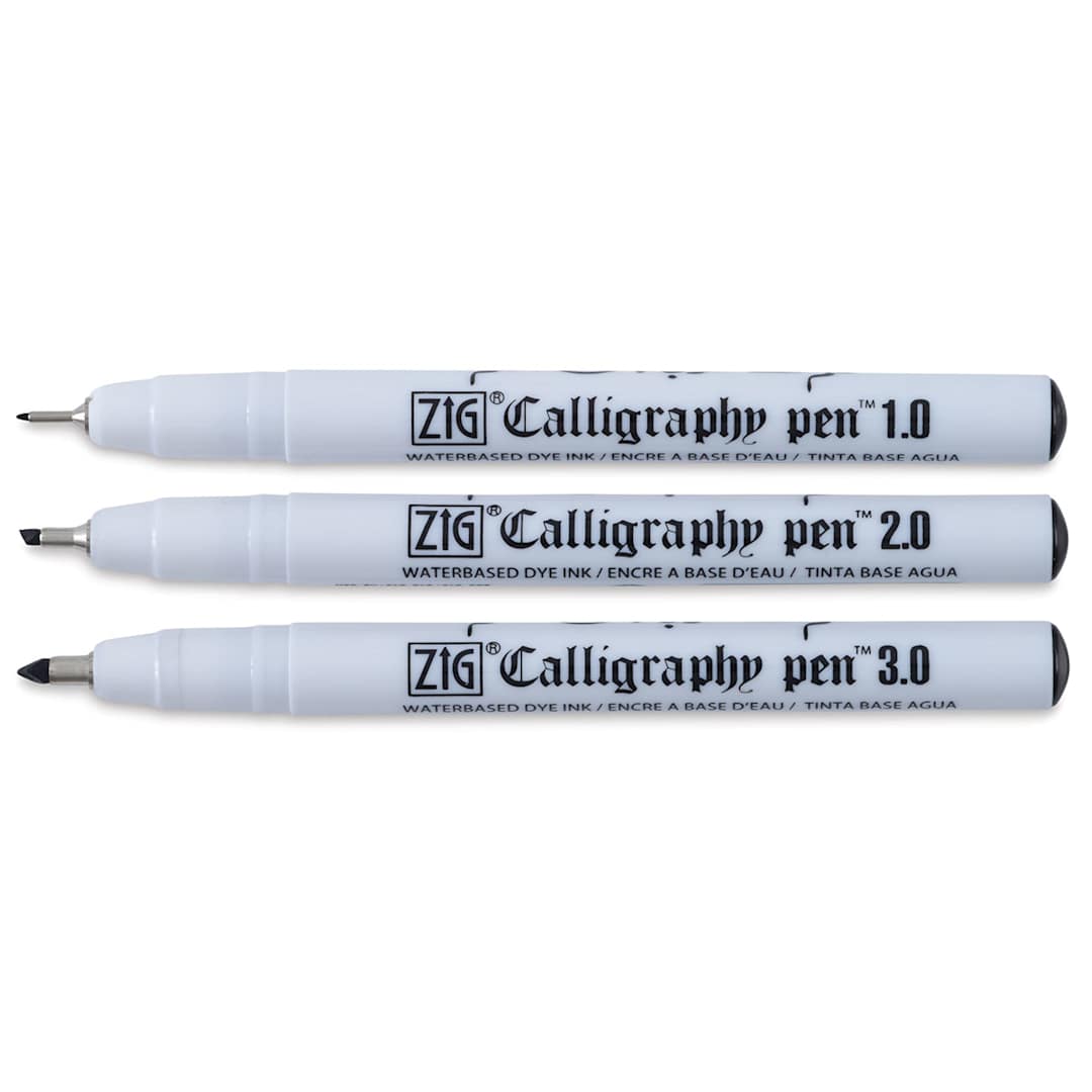 Open in modal - Kuretake Zig Calligraphy Pen - Set of 3 Oblique tip pens shown uncapped horizontally