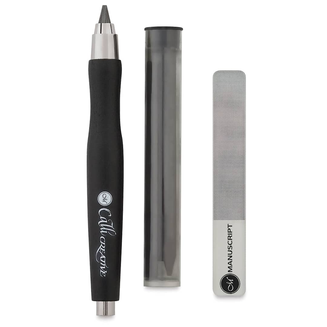 Open in modal - Callicreative Lettering Pencil - Pencil, Leads, and Sharpening stone shown upright
