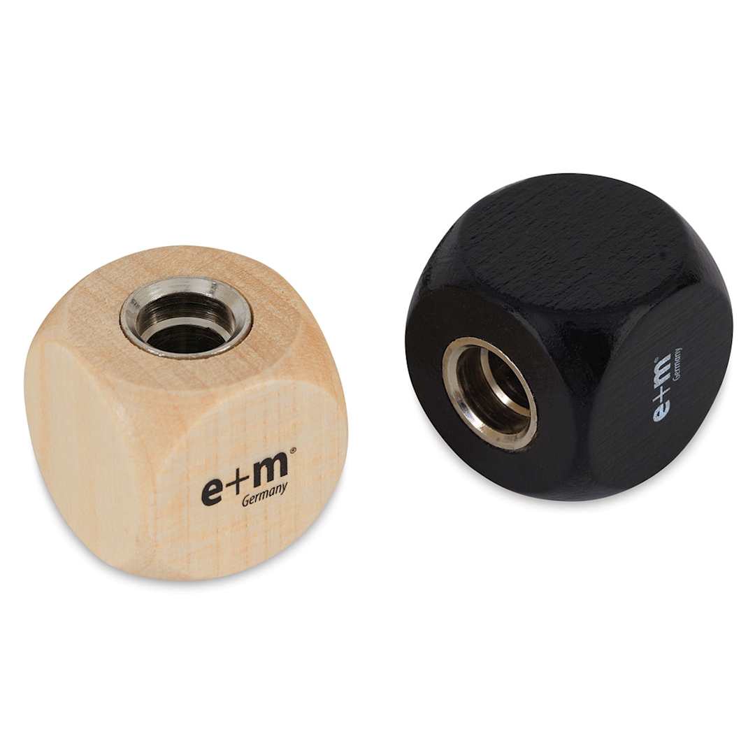 Open in modal - E and M Cube Lead Sharpener - Maple and Black wood sharpeners shown together
