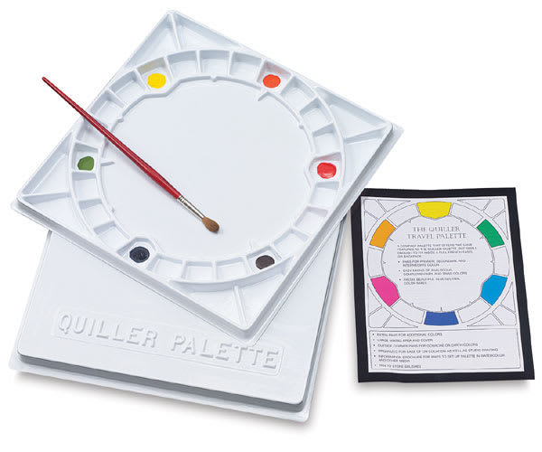 Open in modal - Quiller Color Wheel Palette - Top view of palette on cover with Instruction Guide adjacent