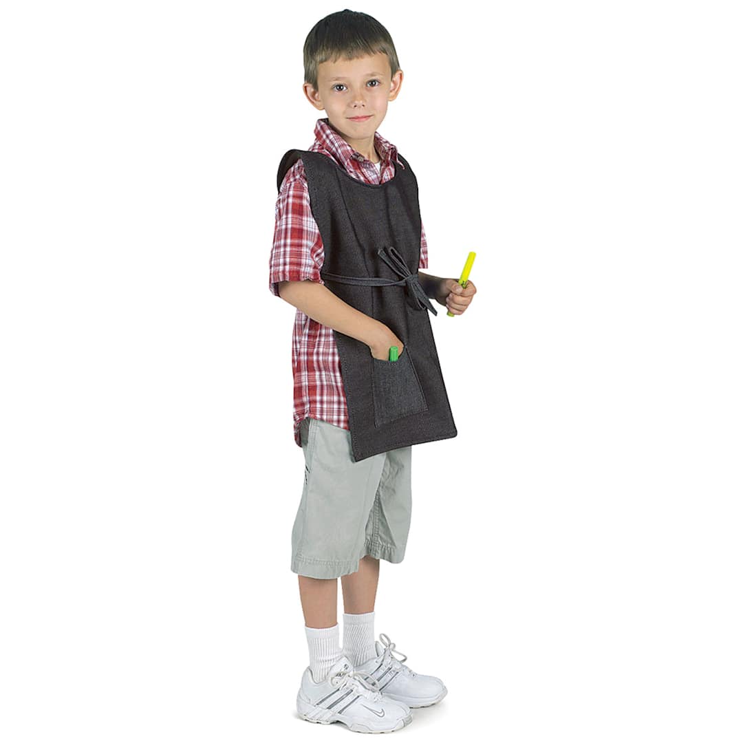 Open in modal - Children's Art Apron Ages 6-11 - Child wearing apron and holding a Marker