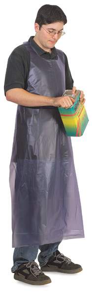 Open in modal - Blue Vinyl Apron​ - Artist wearing apron and opening solvent can