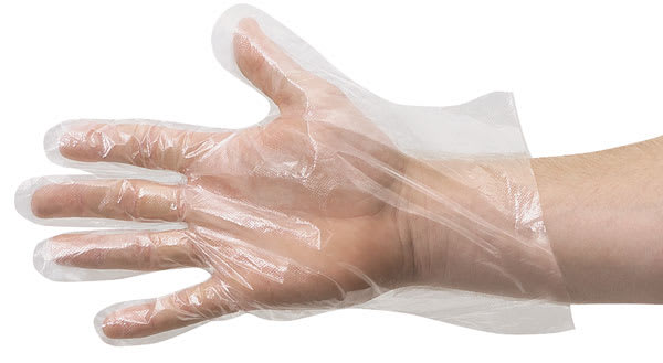 Open in modal - Disposable Plastic Gloves - Right hand extended wearing clear disposable glove
