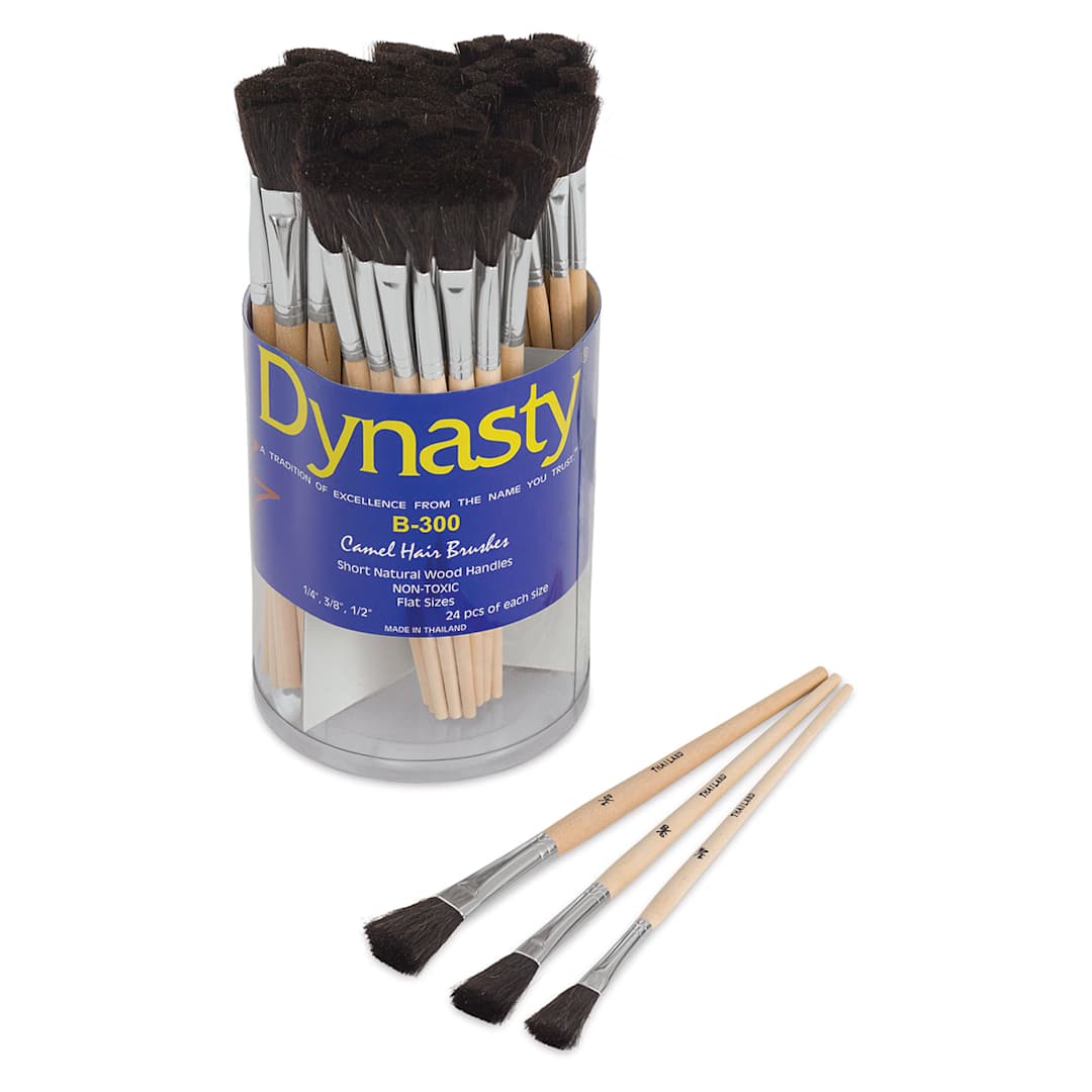 Open in modal - Dynasty Economy Camel Brushes - Canister of 72 Asst. of Flats shown with three sizes laying in front
