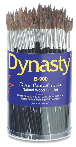 Open in modal - Dynasty Fine Camel Hair Brush Set - 120 Assorted Round brushes shown upright in open container