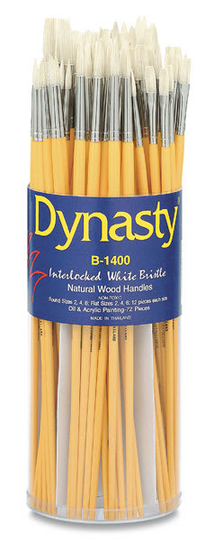 Open in modal - Dynasty Natural White Bristle Assortments - Front of canister of 72 assorted Round & Flat brushes