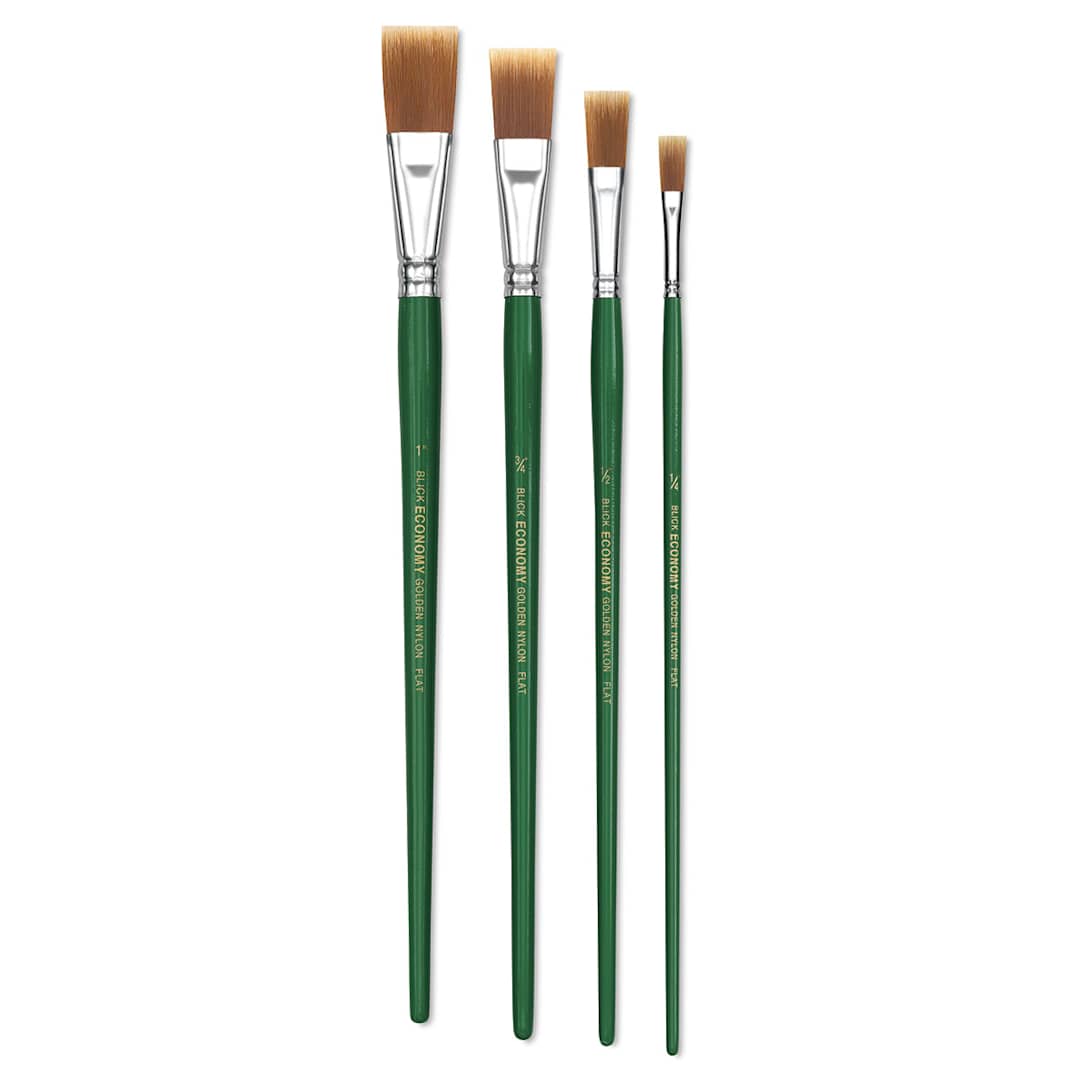Open in modal - Blick Economy Golden Nylon Brush Set - Flat, Long Handle, Set of 4
