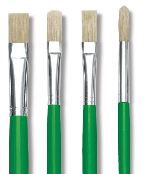 Open in modal - Blick Economy White Bristle Round Brushes - Closeup of 4 types of brushes
