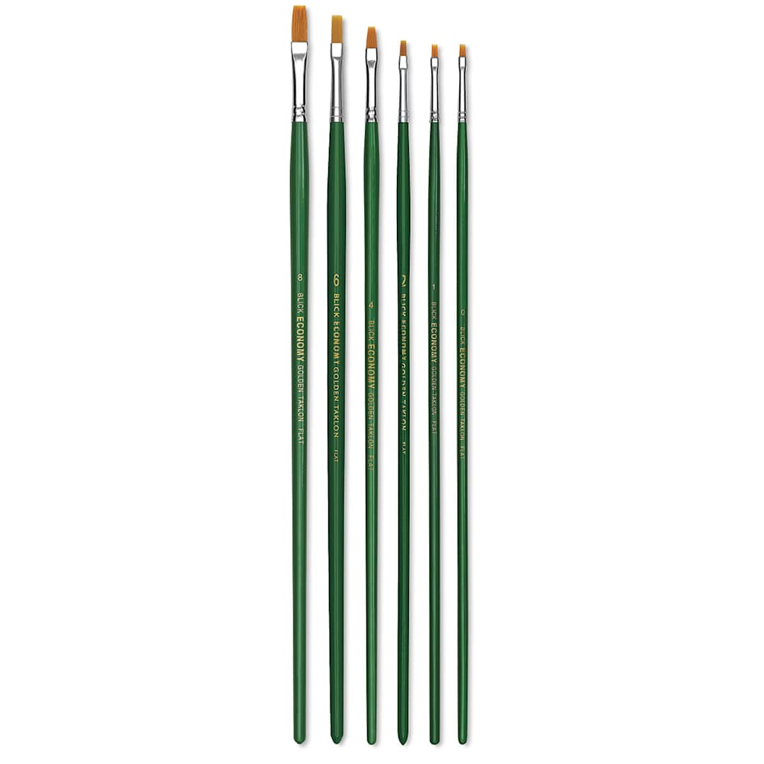 Open in modal - Blick Economy Golden Taklon Brush Set - Flat, Long Handle, Set of 6