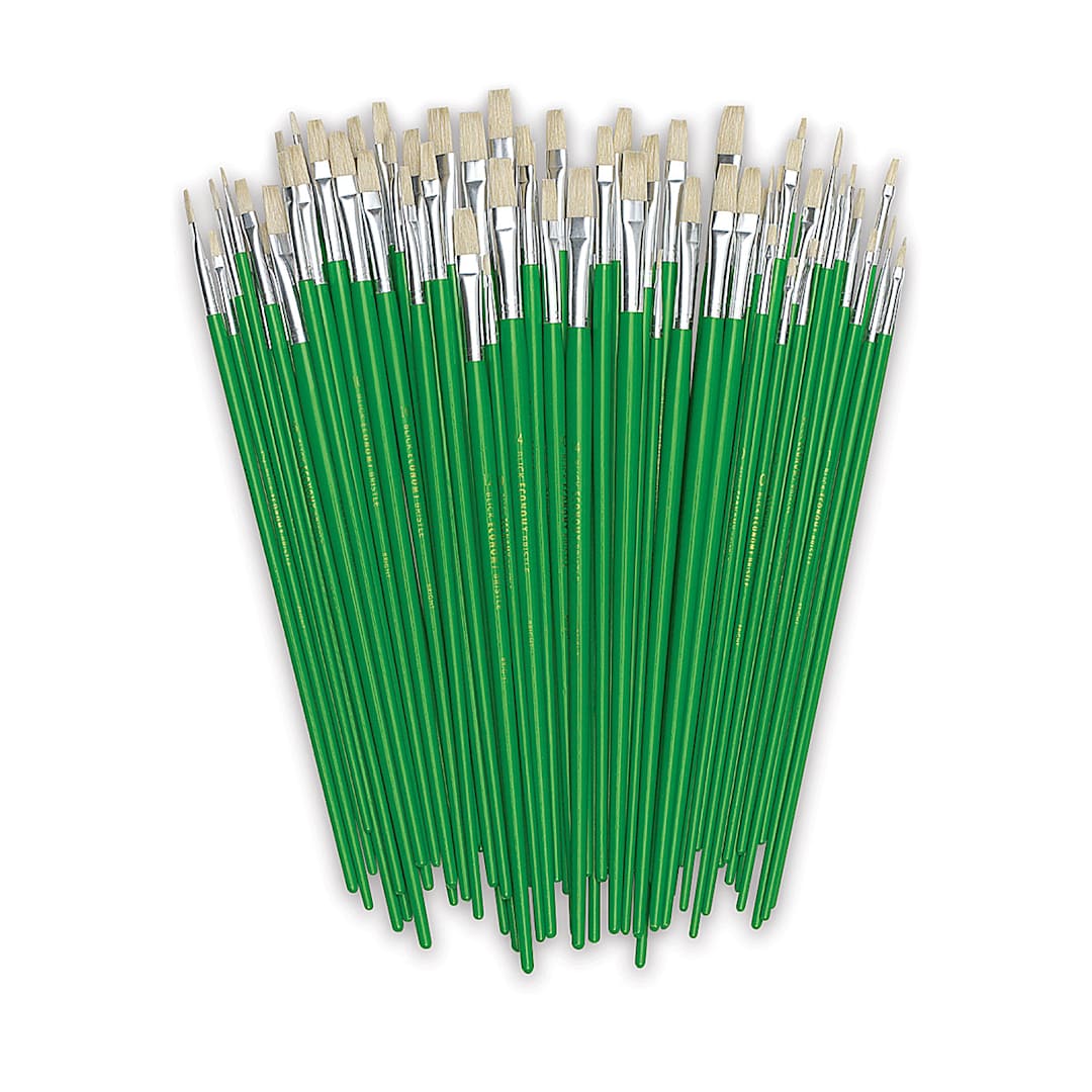 Open in modal - Blick Economy White Bristle Round Brushes - Components of 72 pc Brights Classpack shown upright