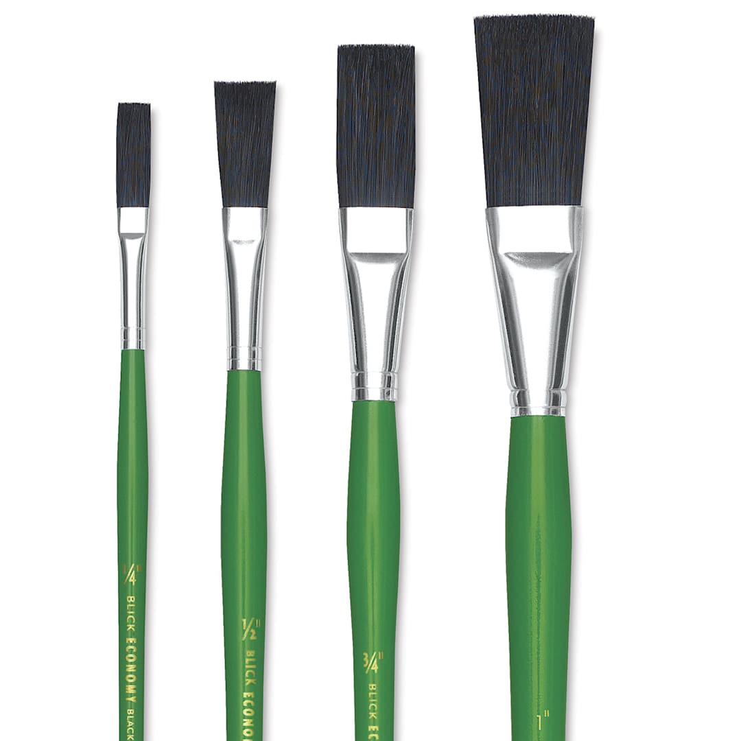Open in modal - Blick Economy Black Bristle Brushes - Closeup of Set of 4 Long Handle Extended Brushes 