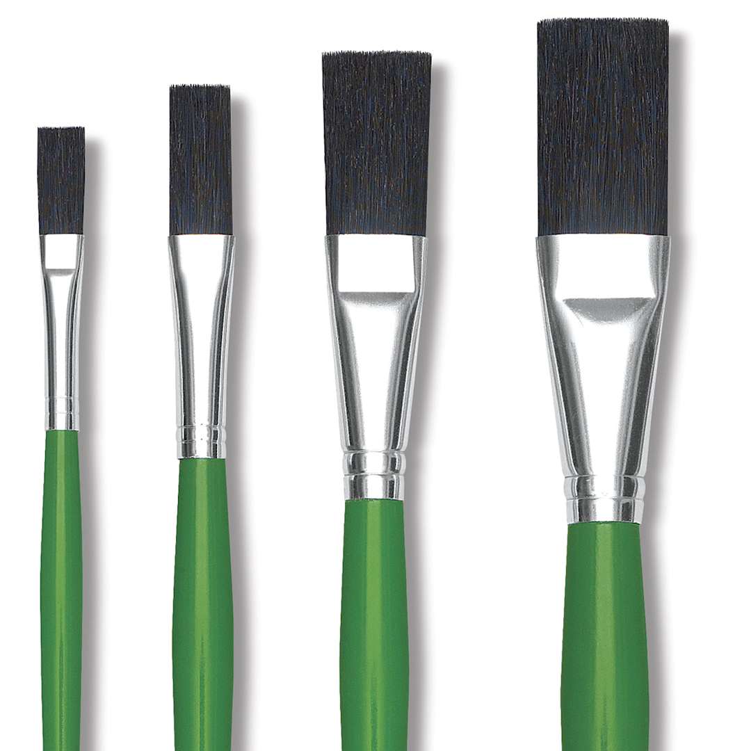 Open in modal - Blick Economy Black Bristle Brushes - Closeup of Set of 4 Long Handle Easel Brushes