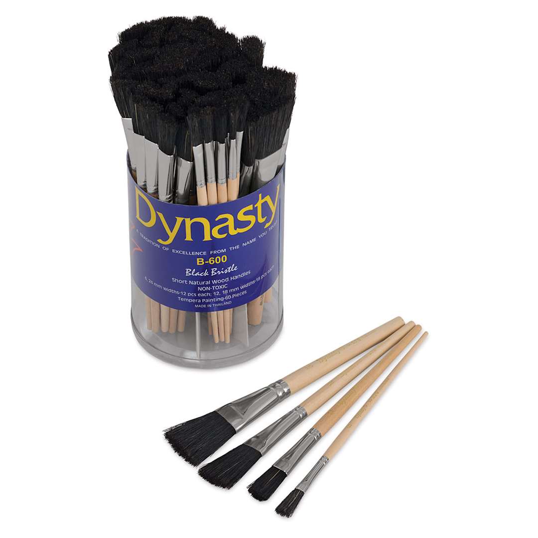 Open in modal - Dynasty Black Bristle Brush Canister - Flat Brushes in canister with 4 included sizes in front