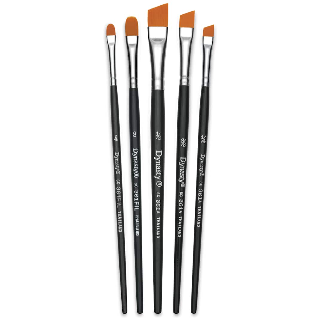 Open in modal - Dynasty Finest Golden Synthetic Brushes - Angle and Filbert, Set of 5, brushes fanned out