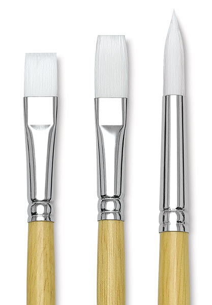 Open in modal - Blick Academic White Synthetic Brushes - Closeup of Flat, Bright and Round Brush tips