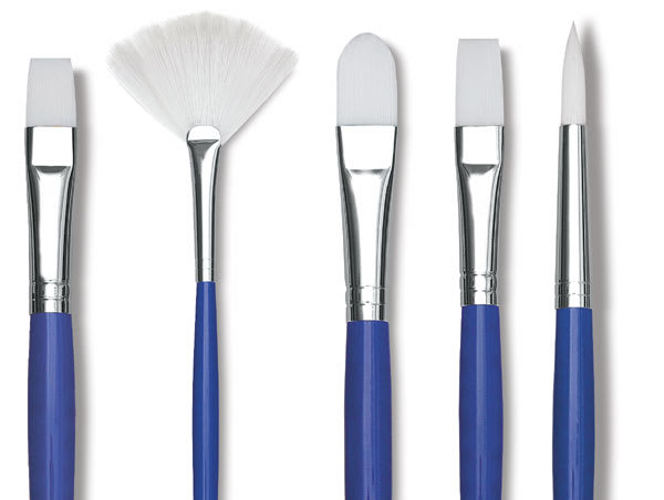 Open in modal - Blick Scholastic Wonder White Synthetic Brushes - Row of five brushes in assorted shapes.