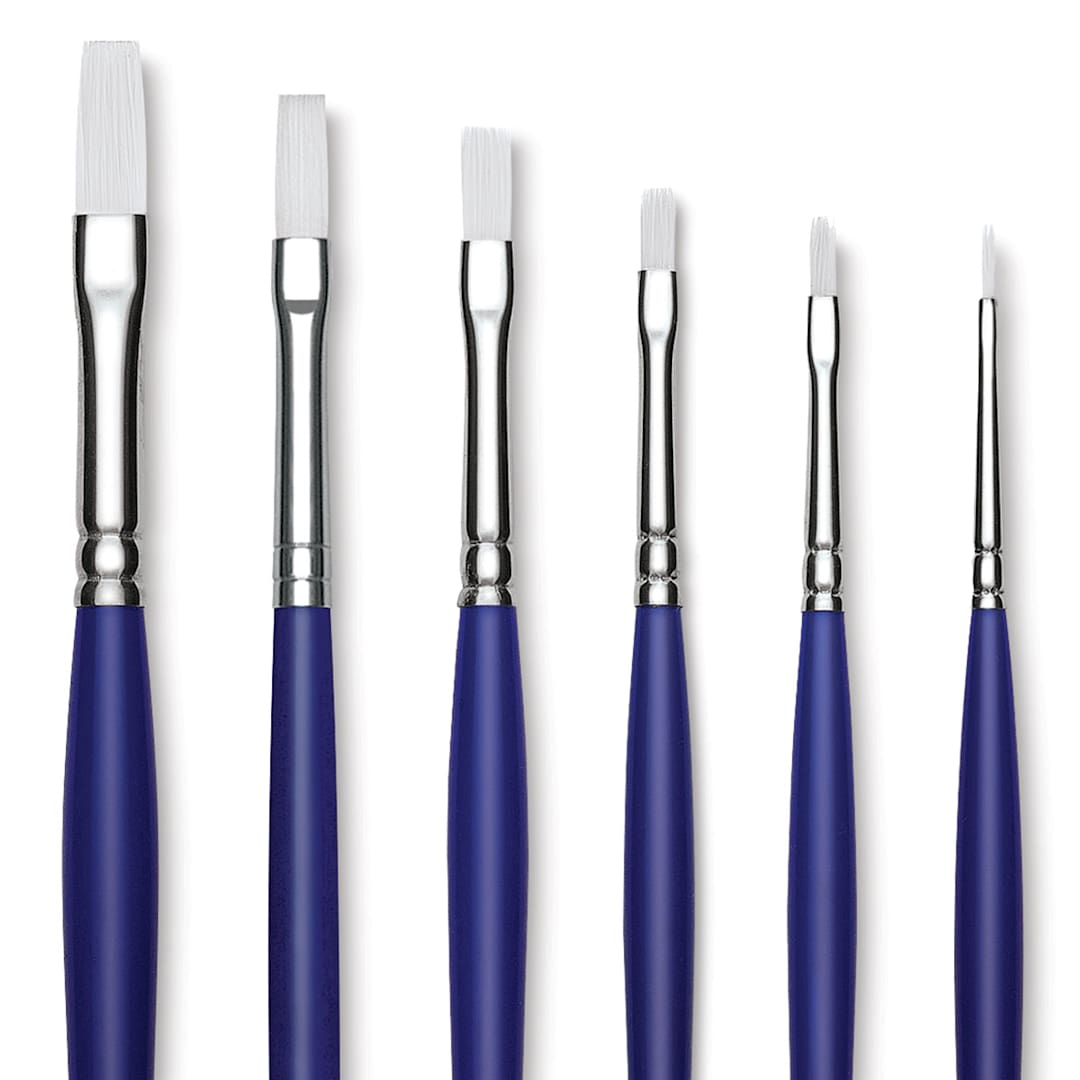 Open in modal - Blick Scholastic Wonder White Synthetic Brushes - Flat Set of 6, Long Handles. Brushes in row.