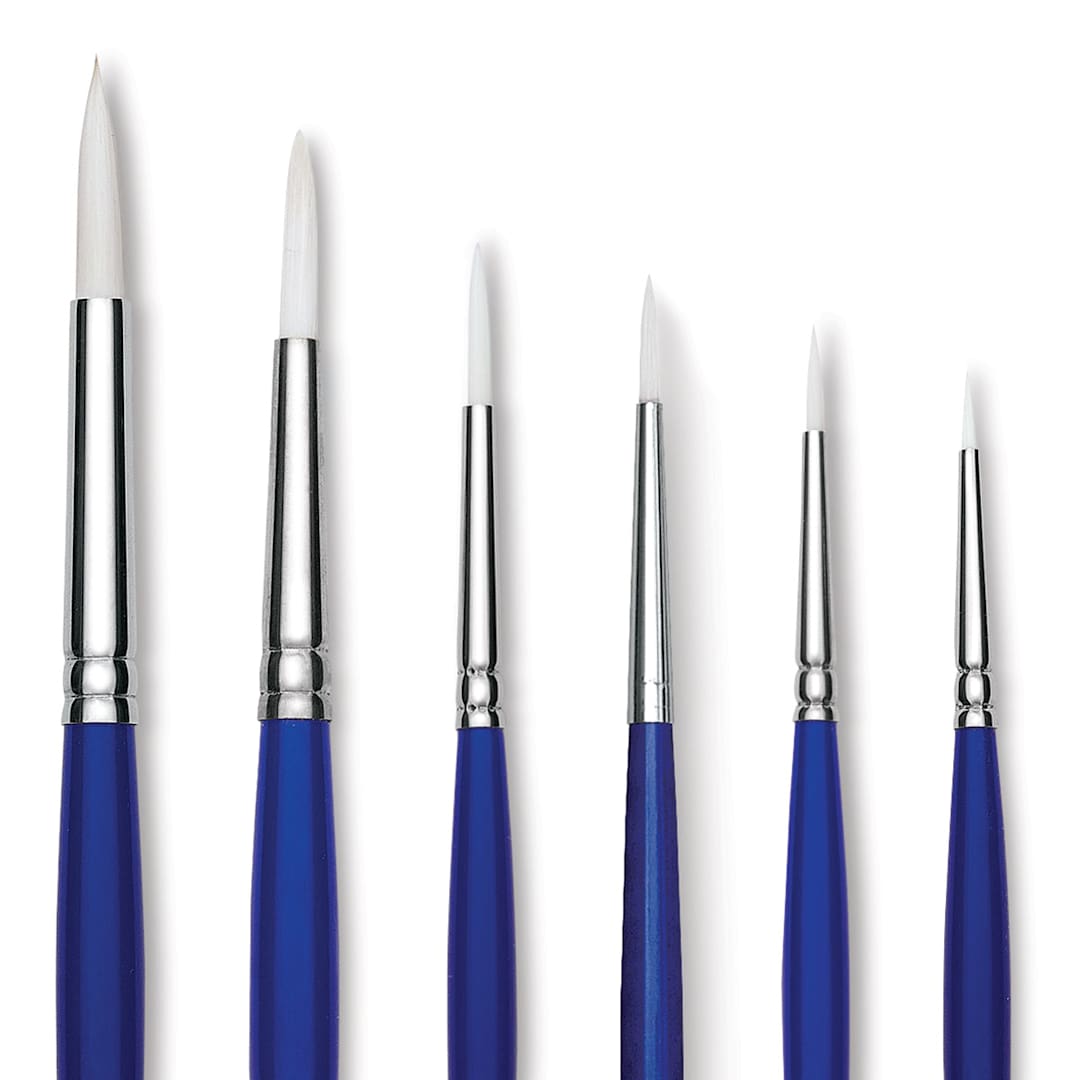 Open in modal - Blick Scholastic Wonder White Synthetice Brushes - Round Set of 6, Long Handles. Row of brushes.