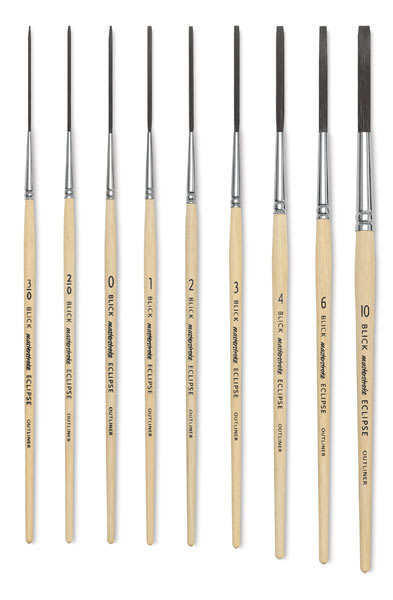 Open in modal - Blick Masterstroke Eclipse Outliner - 9 sizes of Outliner Brush shown upright
