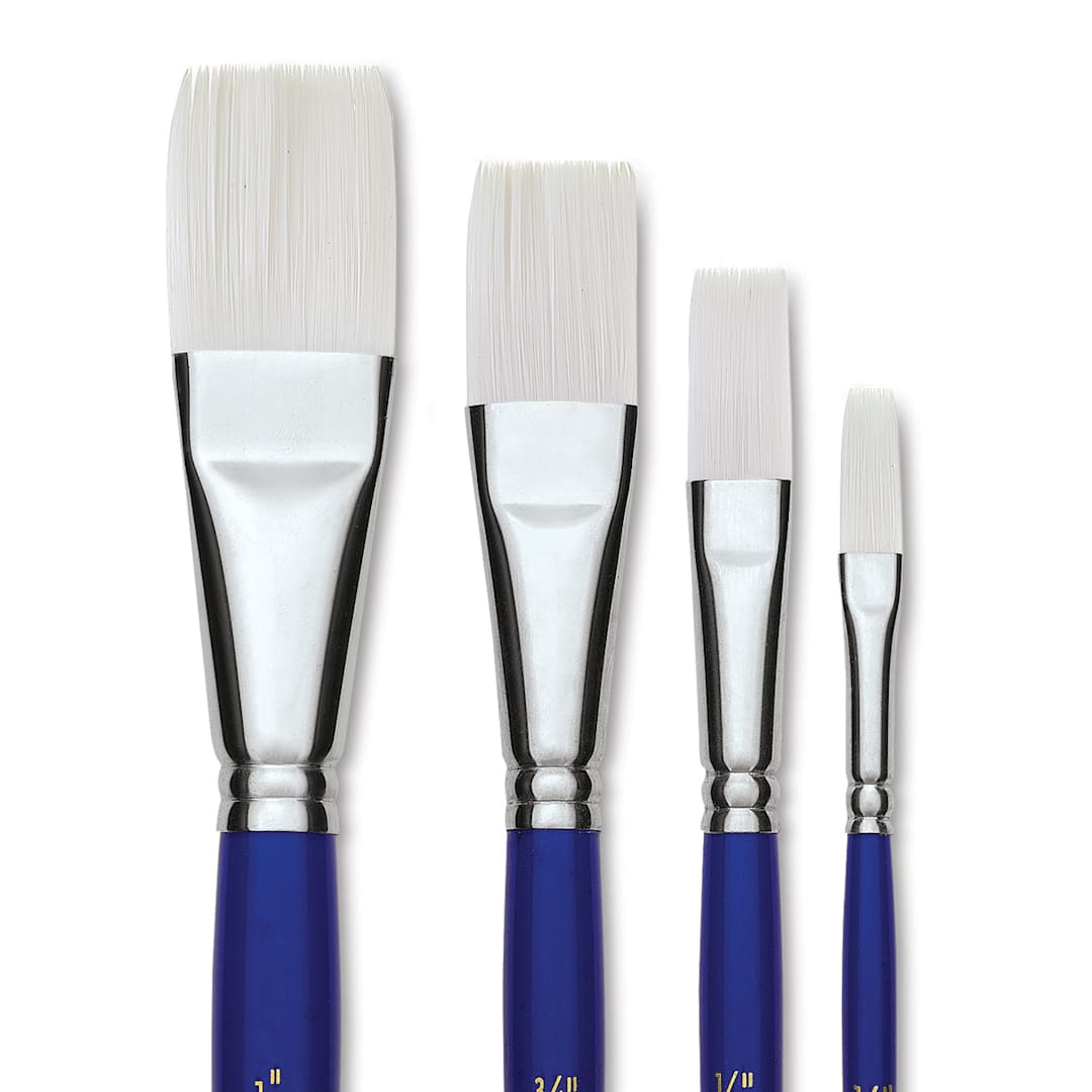 Open in modal - Blick Scholastic Wonder White Synthetic Brushes-One Stroke Set of 4, Short Handles. Brushes in row.