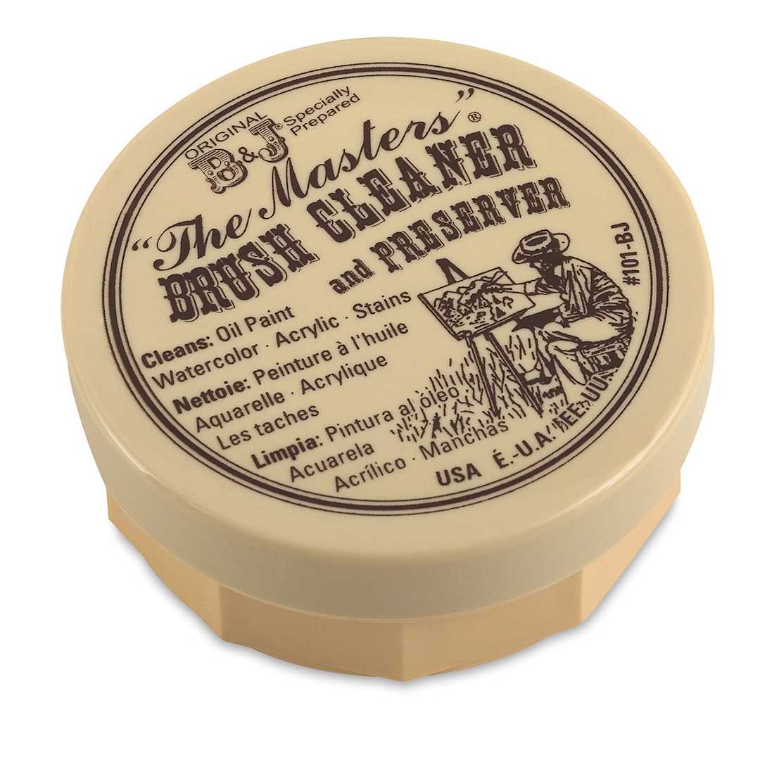 Open in modal - The Masters Brush Cleaner and Preserver - Studio Cake, 2-5/8 oz. Top of closed tub.  