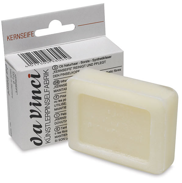 Open in modal - Da Vinci All Natural Brush Soap with Conditioner - Angled view of standing soap and package
