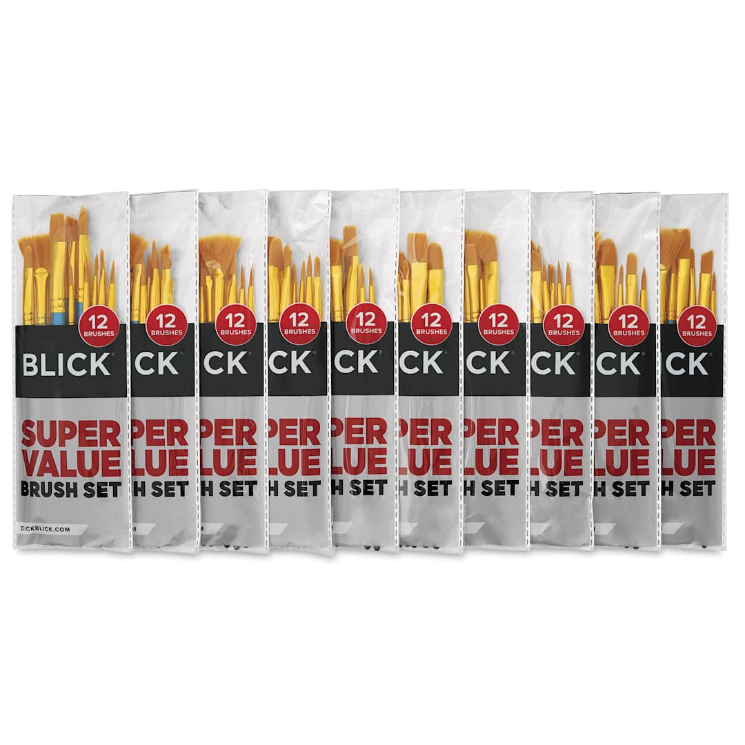Open in modal - Blick Super Value Golden Taklon 120 Count Brush Set - Assorted Brushes, includes ten 12-brush sets
