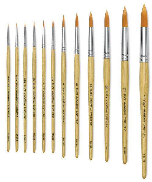 Open in modal - Blick Academic Synthetic Golden Taklon Brushes - 12 Round brushes shown vertically