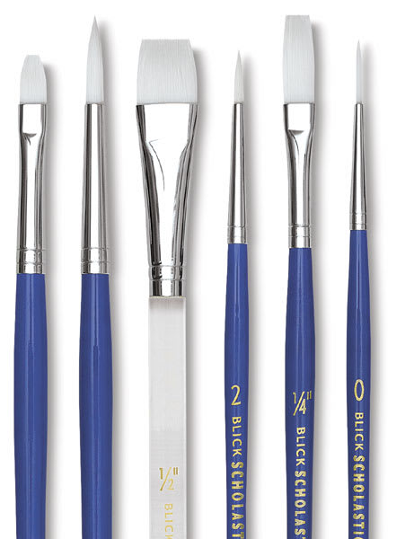 Open in modal - Blick Scholastic Wonder White Synthetic Brushes - Set of 6 assorted handles. Blue and clear handles.